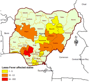 兰萨发烧：2012年和2013年爆发的尼日利亚地图。