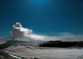 日本的麻生火山在夜间喷发